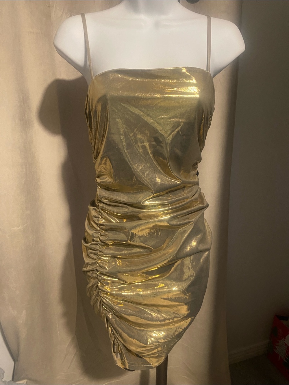 Gold Metallic Ruched Spaghetti-Strap Dress